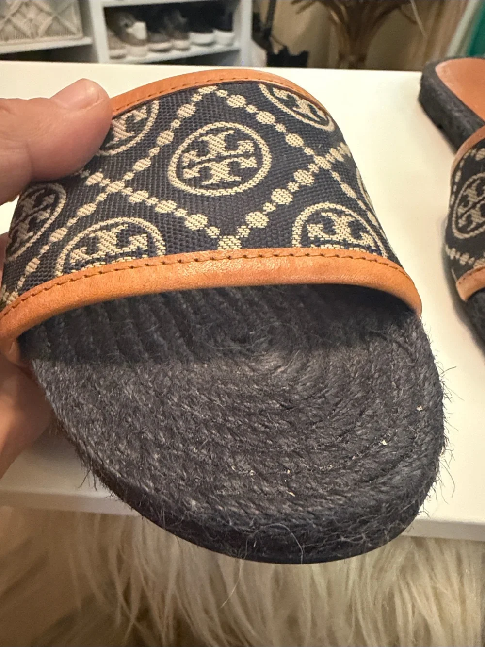 Tory Burch Navy Minogram Logo Espadrille Sandals with Brown Trim